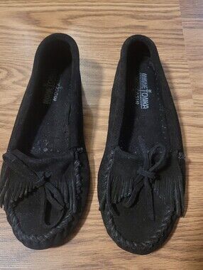 Black Minnetonka Suede Fringe Moccasins with Bow Detail
